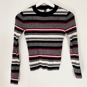 H&M Burgundy/Grey Striped Fine-Knit Top